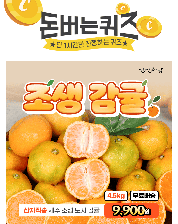 단 하루동안 진행되는 캐시딜 타임특가에서 [산지직송] 제주 햇 조생 노지감귤 4.5kg가 역대급 할인으로 OOOO원+무...