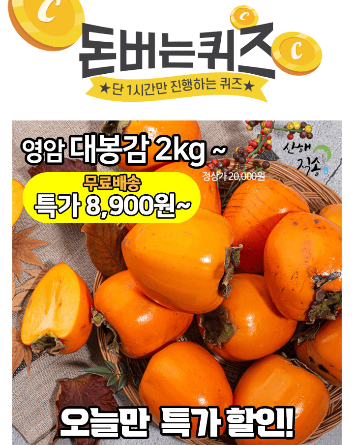 단 하루동안 진행되는 캐시딜 타임특가에서 산해직송 대봉감 2kg가 역대급 할인으로 OOOO원+무료배송에 진행됩니다...