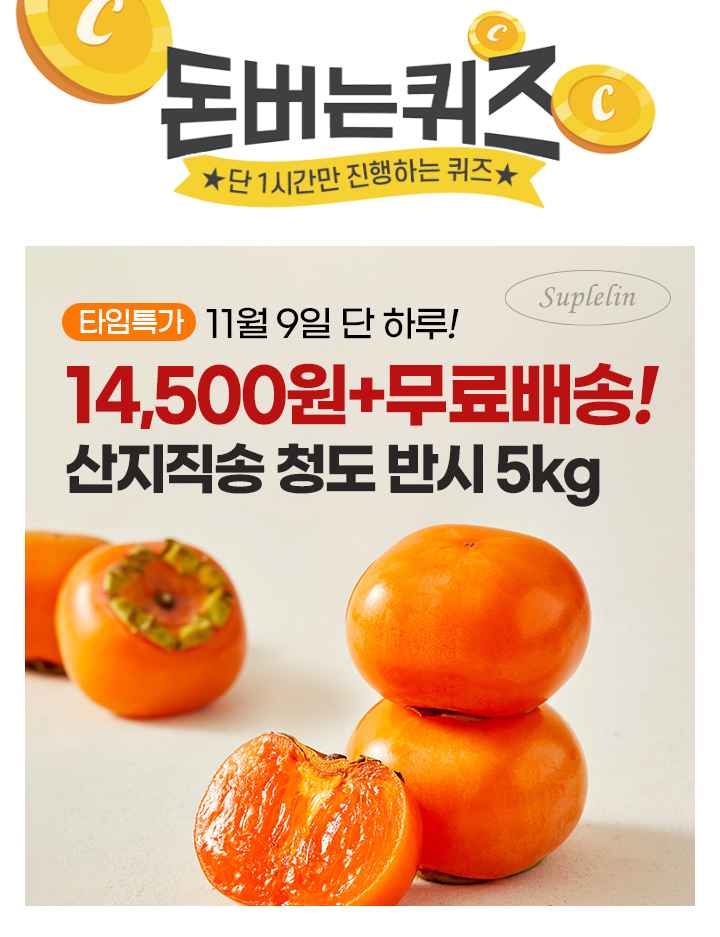 단 하루동안 진행되는 캐시딜 타임특가에서 산지직송 씨없는 감 달콤함 가득 청도 반시 5kg가 역대급 할인으로 OOO...